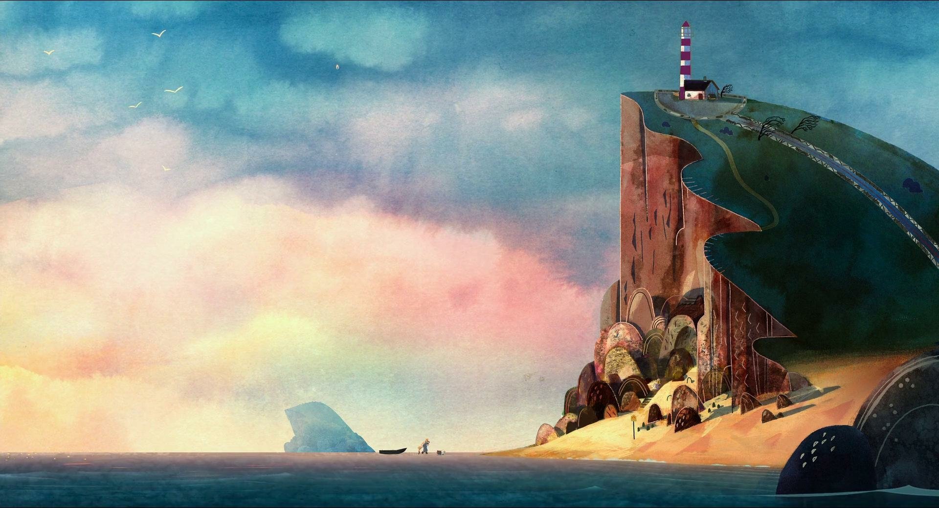 HD PC desktop wallpaper from the movie Song of the Sea: pastel sky over a calm sea, a towering cliff with lighthouse, sandy beach and tiny figures walking along the shore.