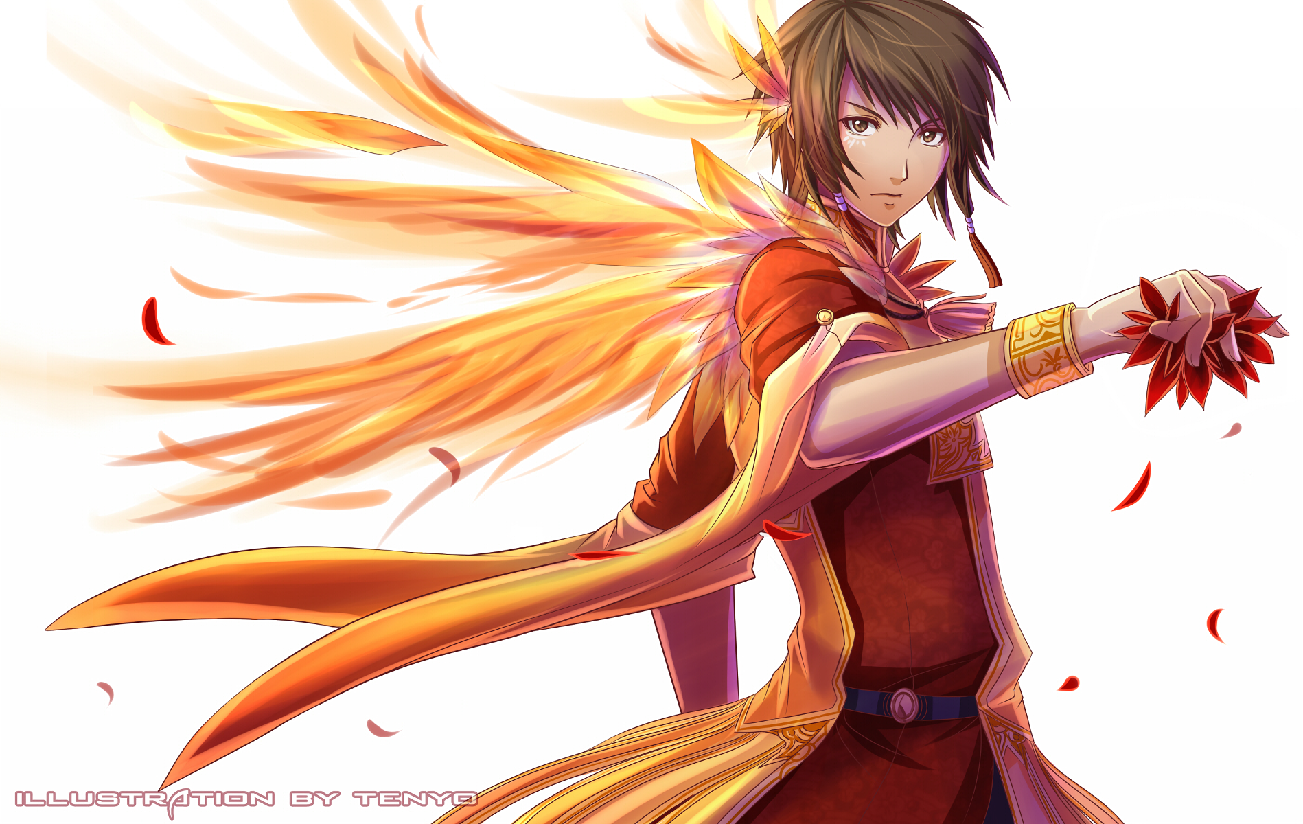 HD PC desktop wallpaper/background of a Dynasty Warriors video game character — a young warrior in red with flowing fiery wing-like ribbons and a glowing red blossom, ready for battle.