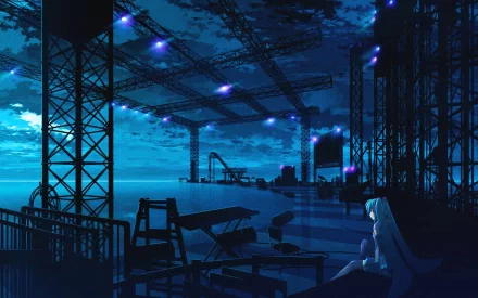 HD desktop wallpaper featuring Hatsune Miku in a serene, blue-toned anime setting. This cute anime scene, tagged with Hatsune Miku and Vocaloid, shows intricate structures under a twilight sky.