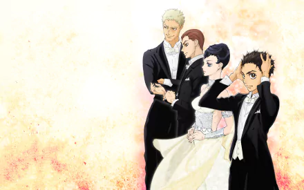 HD desktop wallpaper featuring Kaname Sengoku, Shizuku Hanaoka, Tatara Fujita, and Kiyoharu Hyoudou from the anime Ballroom e Youkoso, set against a soft, pink and yellow background.