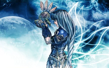 A warrior from the video game Valkyrie Profile stands gracefully, holding a mystical creature, against a backdrop of swirling blue tones and ethereal wings.