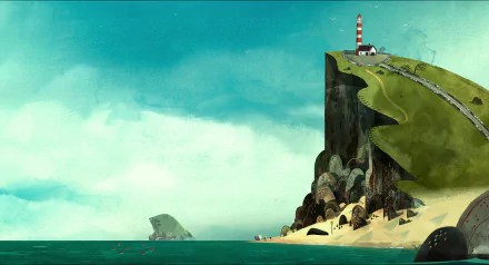 HD desktop wallpaper featuring a scenic coastal cliff and lighthouse from the movie Song of the Sea, with calm sea and cloudy sky in the background.
