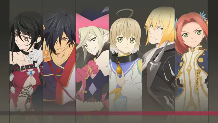 HD desktop wallpaper from the video game Tales of Berseria, featuring its main characters in a row, showcasing their detailed designs and vibrant colors.