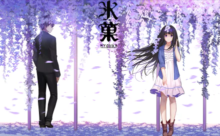 HD desktop wallpaper featuring Hōtarō Oreki and Eru Chitanda from the anime Hyouka, standing under a cascade of hanging wisteria flowers.