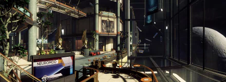 HD PC desktop wallpaper showcasing a detailed, futuristic interior from the video game Prey, featuring modern architecture and ambient lighting.