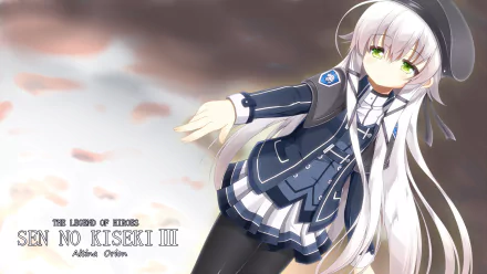 Anime HD desktop wallpaper featuring a character from Eiyuu Densetsu with long white hair, green eyes, and a dark blue school uniform against a cloudy sky background.