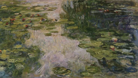 Artistic drawing of a water scene with lily pads and reflections, rendered in high-definition detail for a PC desktop wallpaper background.