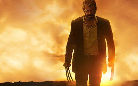 HD desktop wallpaper featuring Hugh Jackman as Wolverine in the movie Logan, with a dramatic, fiery background sky.