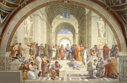 A vibrant HD depiction of The School of Athens, featuring Socrates among philosophers in a grand architectural setting, capturing the essence of classical thought and artistic mastery.