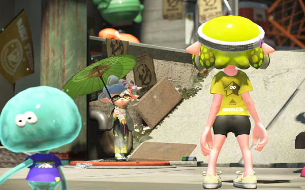 HD PC desktop wallpaper featuring Inkling and Marie from Splatoon 2 in a vibrant, urban video game setting.