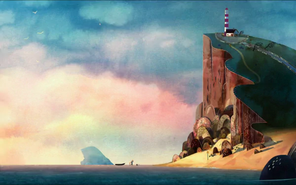 HD PC desktop wallpaper from the movie Song of the Sea: pastel sky over a calm sea, a towering cliff with lighthouse, sandy beach and tiny figures walking along the shore.