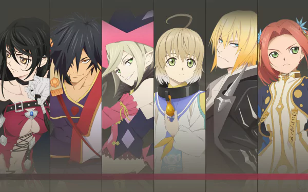 HD desktop wallpaper from the video game Tales of Berseria, featuring its main characters in a row, showcasing their detailed designs and vibrant colors.