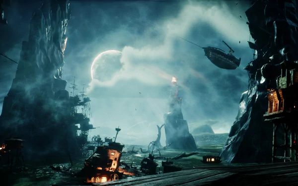 HD PC desktop wallpaper from the video game Styx: Shards Of Darkness — moonlit night harbor with airship, jagged cliffs and a distant tower.