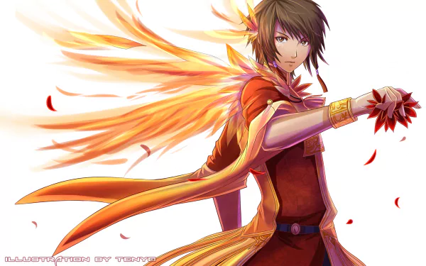HD PC desktop wallpaper/background of a Dynasty Warriors video game character — a young warrior in red with flowing fiery wing-like ribbons and a glowing red blossom, ready for battle.