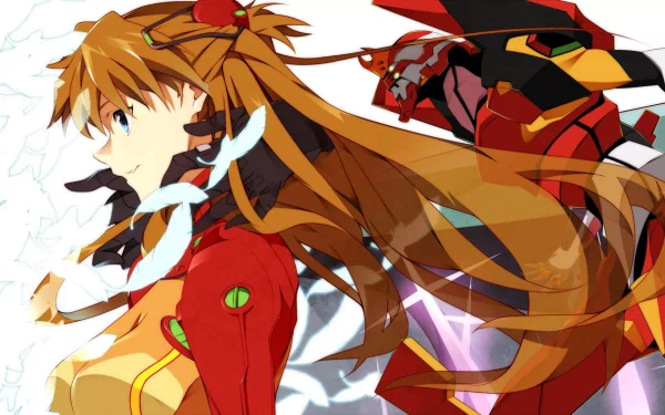HD wallpaper featuring Asuka Langley Sohryu alongside Evangelion Unit-02 from Neon Genesis Evangelion, showcasing a cute anime aesthetic from Evangelion: 2.0 You Can (Not) Advance.