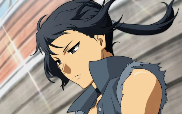 HD PC desktop wallpaper: cute anime portrait of Canaan — dark-haired, windswept woman in a sleeveless jacket gazing pensively against a blurred wooden background.