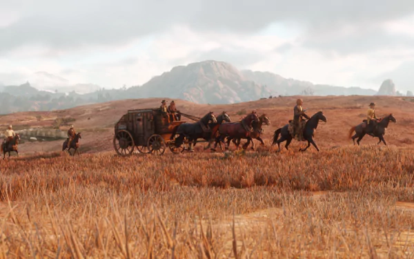 HD desktop wallpaper featuring a scene from Red Dead Redemption 2, depicting a carriage and riders on horseback traversing a vast, picturesque landscape.