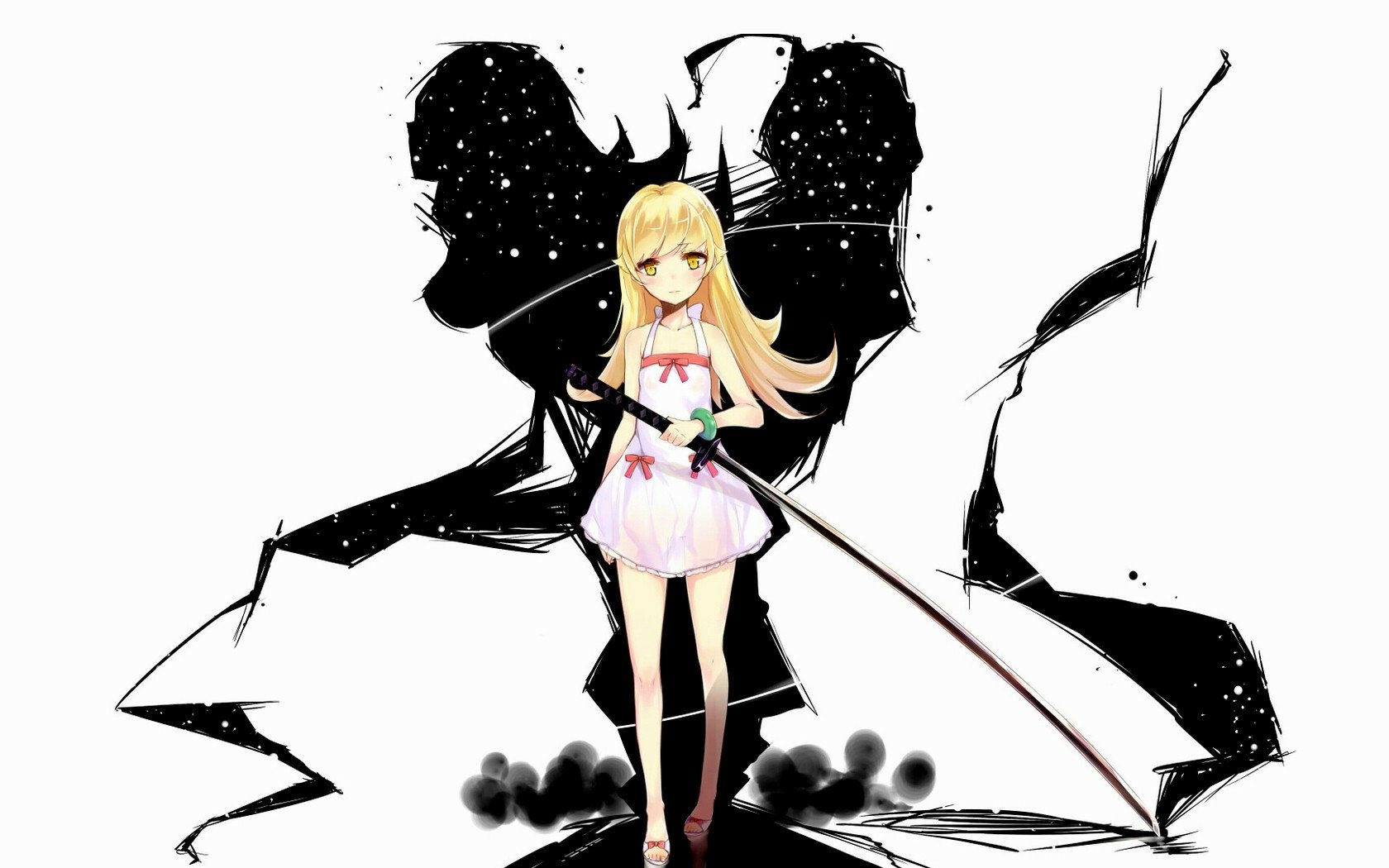 HD desktop wallpaper featuring Shinobu Oshino from the Monogatari series, with her character standing confidently, holding a sword, and a dark, abstract silhouette in the background.