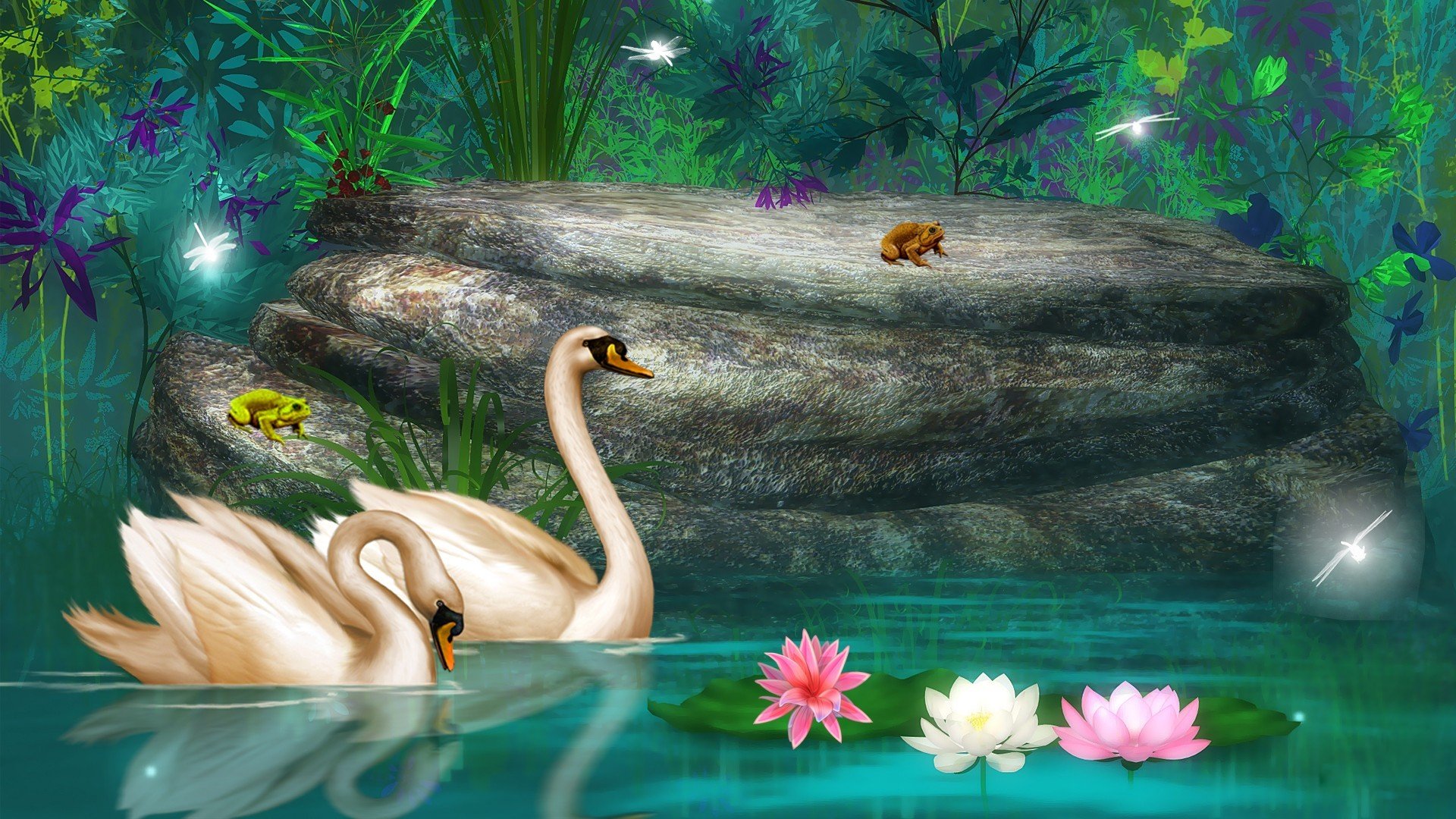 Swans in Enchanted Forest HD Wallpaper | Background Image | 1920x1080