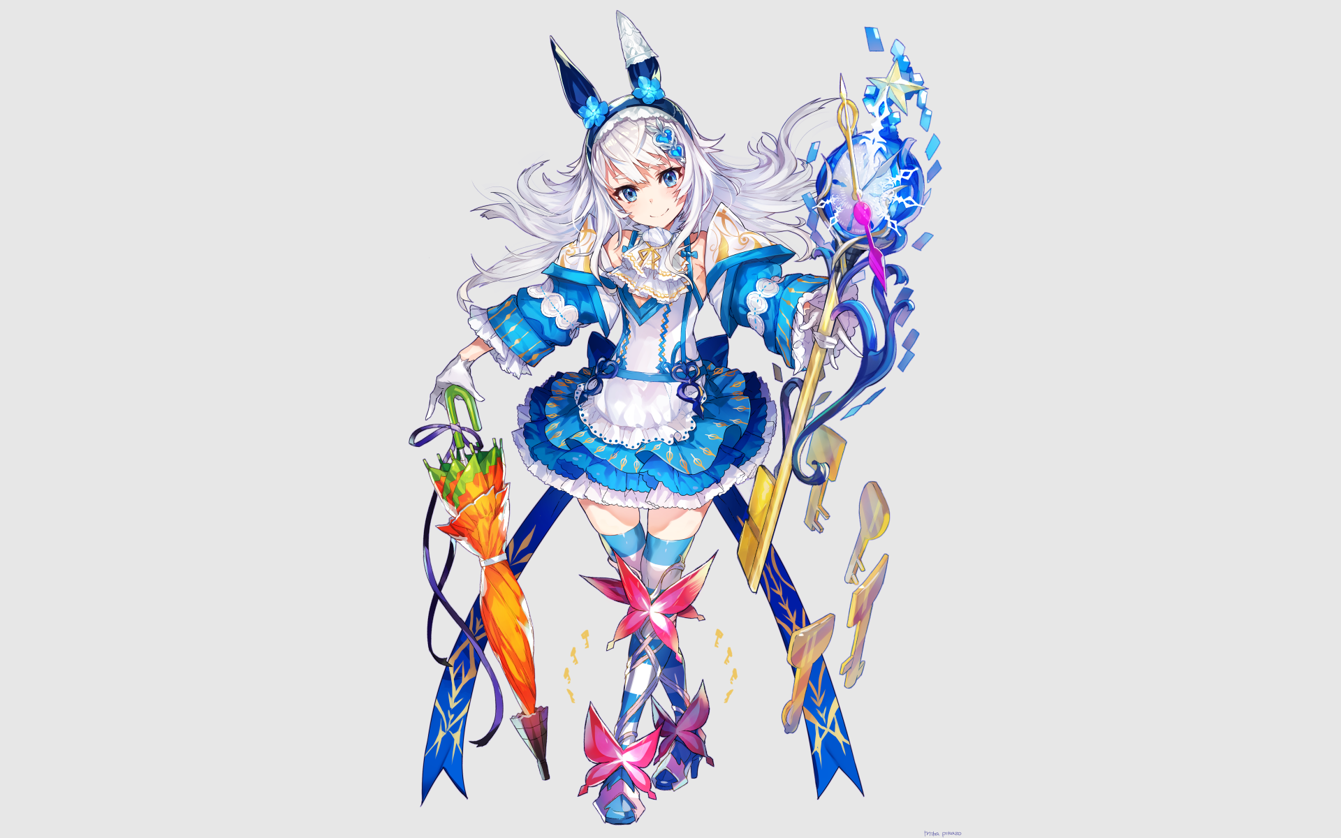 HD anime original artwork of a silver-haired character in a detailed blue outfit holding a magical staff and a carrot-shaped weapon, designed as a PC desktop wallpaper.