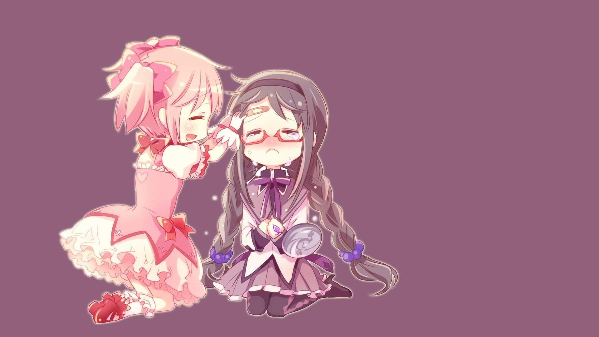 Chibi Homura Akemi and Madoka Kaname from the anime Puella Magi Madoka Magica on a mauve HD PC desktop wallpaper background, Madoka playfully teases a shy Homura.