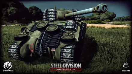 HD wallpaper featuring a tank from the game Steel Division: Normandy 44 set in a lush battlefield environment.