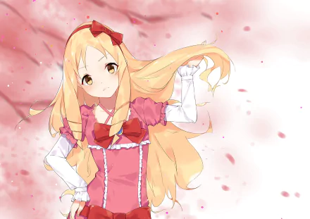 HD desktop wallpaper featuring Elf Yamada from the anime EroManga-Sensei, posing gracefully against a pink, artistic background with petals. Elf Yamada is dressed in a frilly pink outfit with a red bow.