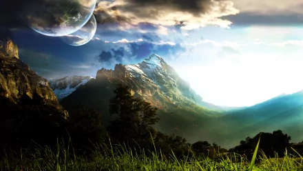 A stunning Sci-Fi landscape HD wallpaper featuring a sunlit mountain, grassy terrain, and a distant planet with moons in the sky.