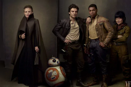 HD wallpaper featuring Princess Leia Organa, Rose Tico, BB-8, Finn, and Poe Dameron from Star Wars: The Last Jedi movie.
