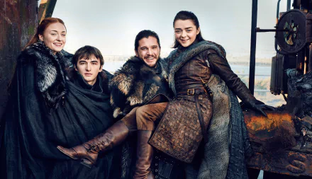 HD desktop wallpaper featuring Isaac Hempstead-Wright, Sophie Turner, Maisie Williams, and Kit Harington as Bran Stark, Sansa Stark, Arya Stark, and Jon Snow from the TV show Game of Thrones.
