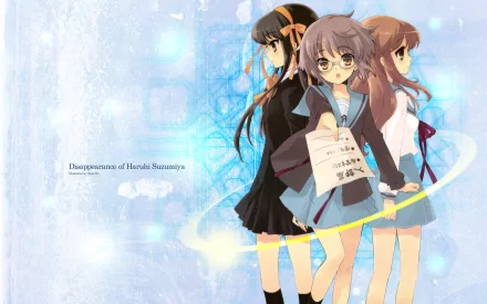 HD wallpaper featuring Mikuru Asahina, Haruhi Suzumiya, and Yuki Nagato from The Melancholy of Haruhi Suzumiya, set against a dreamy blue background.
