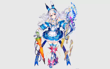 HD anime original artwork of a silver-haired character in a detailed blue outfit holding a magical staff and a carrot-shaped weapon, designed as a PC desktop wallpaper.