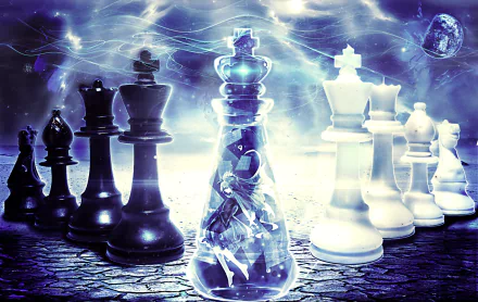 HD desktop wallpaper of Shiro from No Game No Life integrated into a chessboard with black and white chess pieces, emitting a mystical and ethereal atmosphere.
