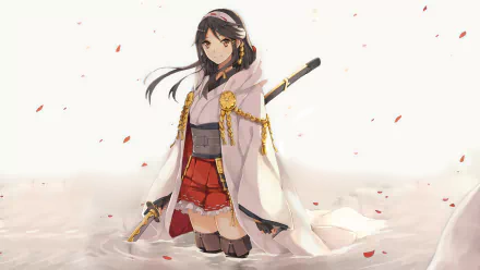 HD PC desktop wallpaper featuring Haruna from Kantai Collection in anime style, standing with a sword and wearing a white cape over a red and black outfit.