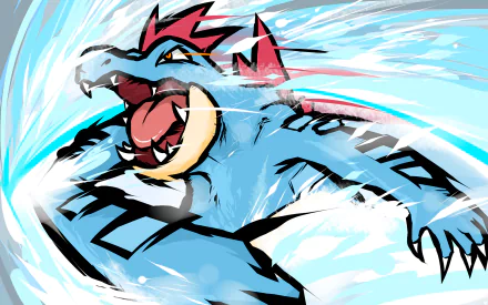HD anime-style wallpaper featuring Feraligatr, the fierce Water-type Pokémon, bursting through swirling water with dynamic energy and vibrant colors.