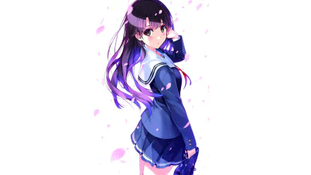 HD desktop wallpaper featuring Megumi Katō from the anime Saekano: How to Raise a Boring Girlfriend, showcasing her in her school uniform with flowing hair and pink petals scattered around.