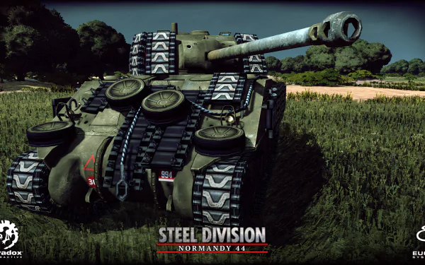 HD wallpaper featuring a tank from the game Steel Division: Normandy 44 set in a lush battlefield environment.