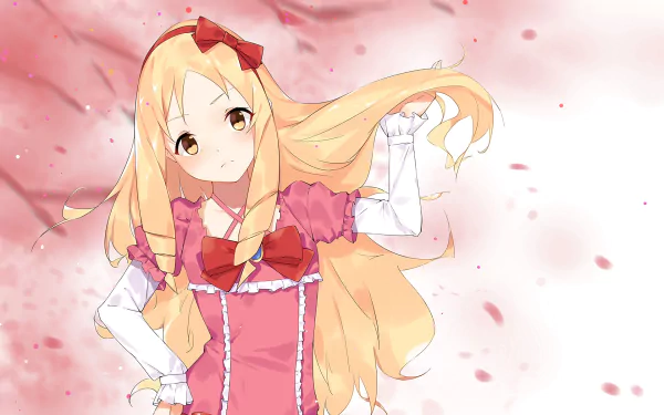 HD desktop wallpaper featuring Elf Yamada from the anime EroManga-Sensei, posing gracefully against a pink, artistic background with petals. Elf Yamada is dressed in a frilly pink outfit with a red bow.