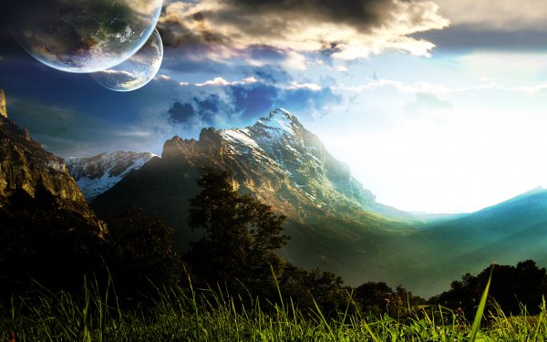 Science Fiction Paysage Planète Soleil Herbe Montagne Fond d'écran HD | Image