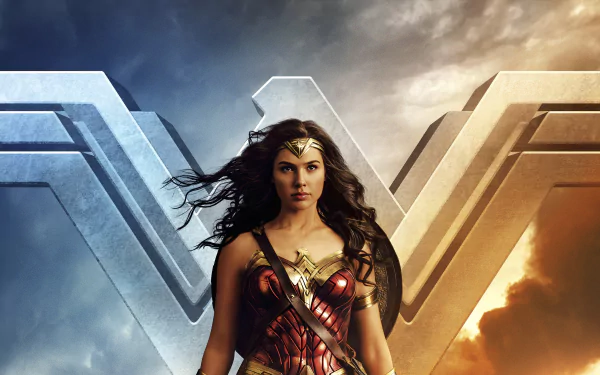 HD wallpaper featuring Gal Gadot as Wonder Woman, set against a dual-toned background showcasing the Wonder Woman emblem in blue and orange hues.