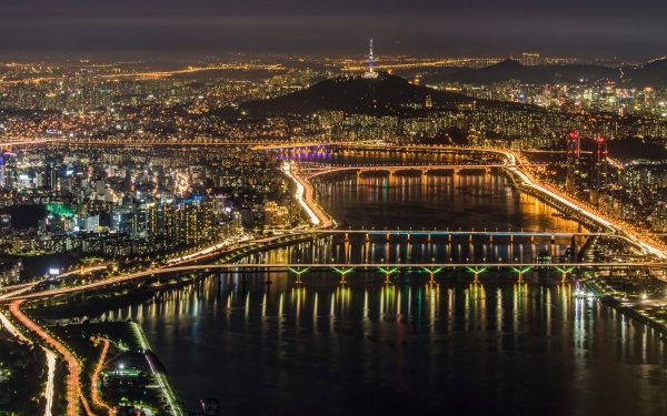Man Made Seoul Cities South Korea Night City River Light Bridge Cityscape HD Wallpaper | Background Image
