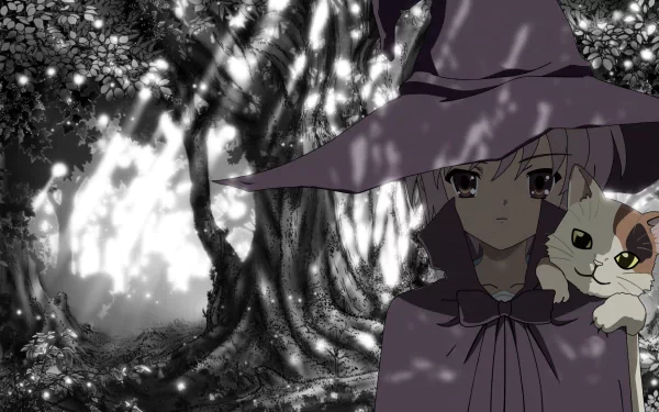 HD anime wallpaper featuring Yuki Nagato from The Melancholy of Haruhi Suzumiya, dressed as Shamisen (Haruhi), accompanied by a calico cat in a dark, mystical forest.
