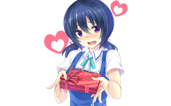 HD PC desktop wallpaper featuring Funabori from the anime D-Frag!, holding a gift with pink heart symbols floating nearby.