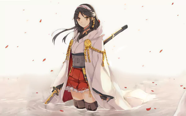 HD PC desktop wallpaper featuring Haruna from Kantai Collection in anime style, standing with a sword and wearing a white cape over a red and black outfit.