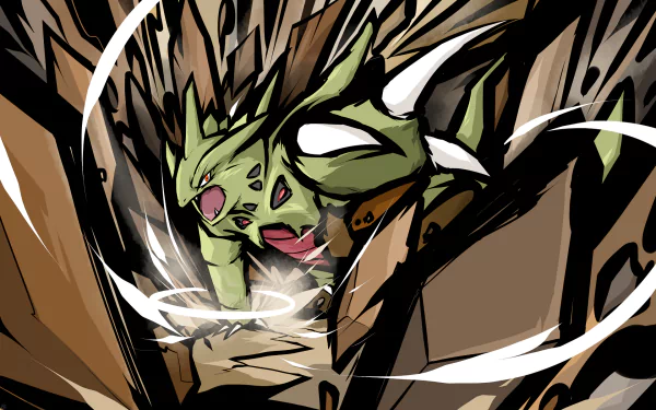 HD PC desktop wallpaper featuring Mega Tyranitar and Tyranitar from the Pokémon anime, depicted in dynamic, action-packed style.