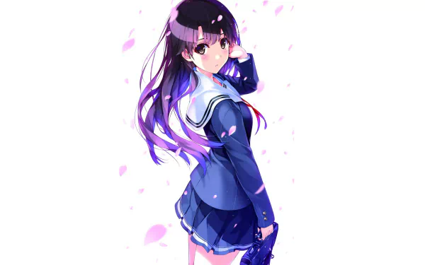HD desktop wallpaper featuring Megumi Katō from the anime Saekano: How to Raise a Boring Girlfriend, showcasing her in her school uniform with flowing hair and pink petals scattered around.