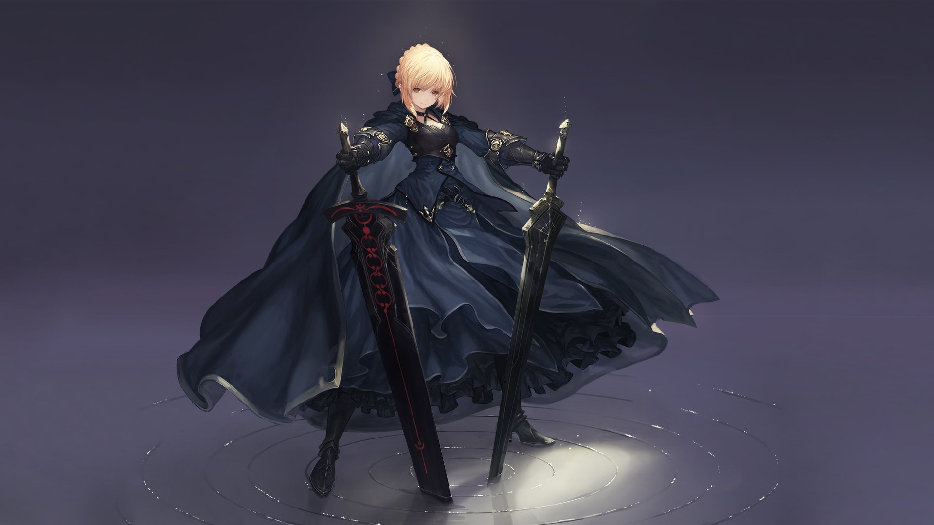 HD desktop wallpaper featuring Saber from the Fate Series, specifically from Fate/stay Night Movie: Heaven's Feel, standing confidently with two swords against a dark background.