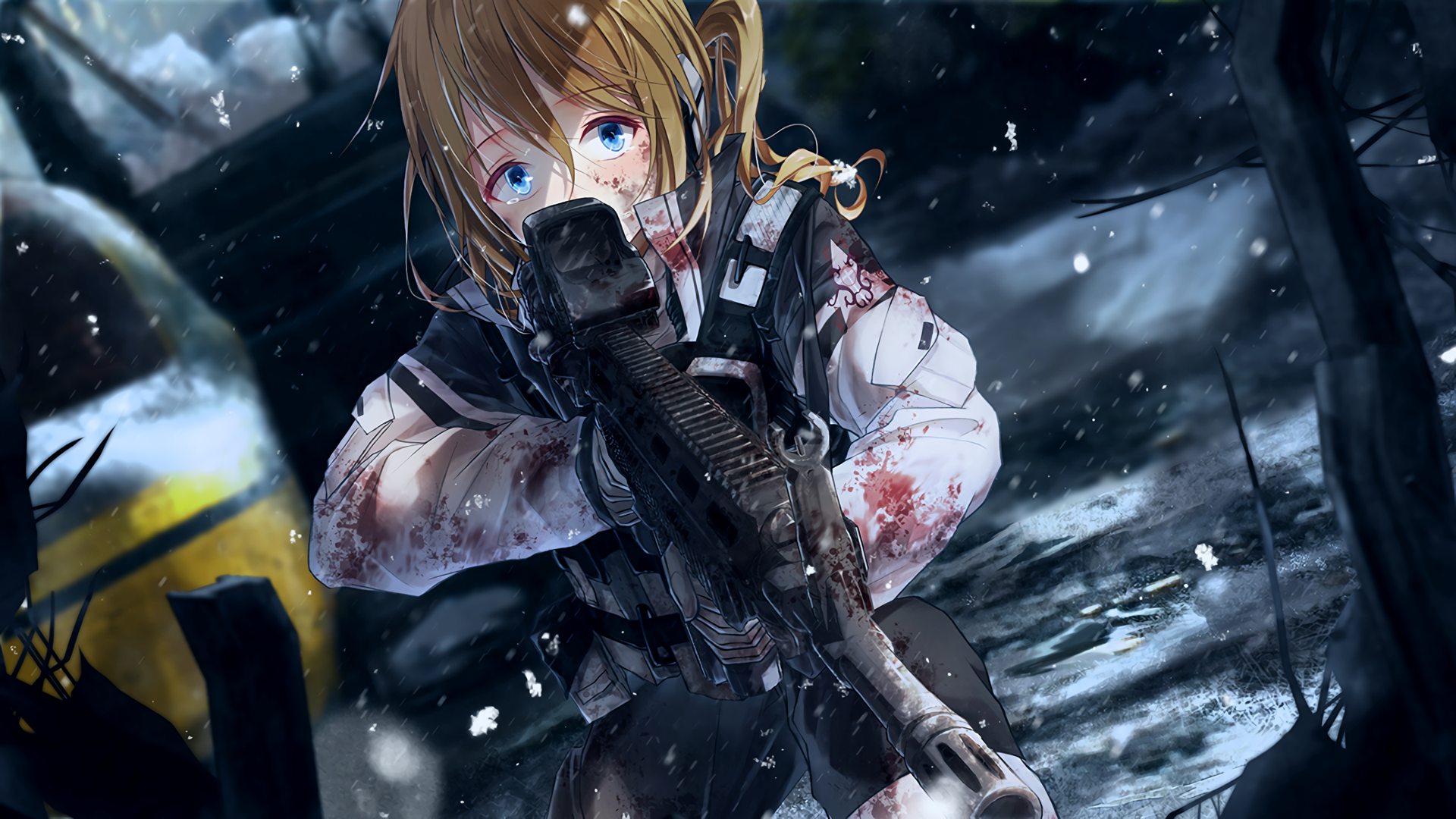 An intense anime scene depicting an original character, a young soldier with blond hair and blue eyes, armed and combat-ready in a snowy battlefield.