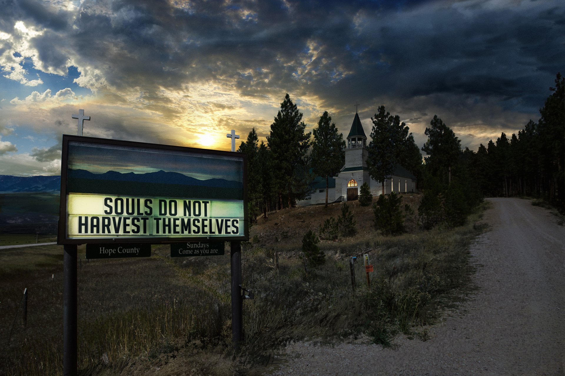 HD wallpaper of Far Cry 5 showing a sign reading Souls Do Not Harvest Themselves near a church at sunset with a dramatic sky.