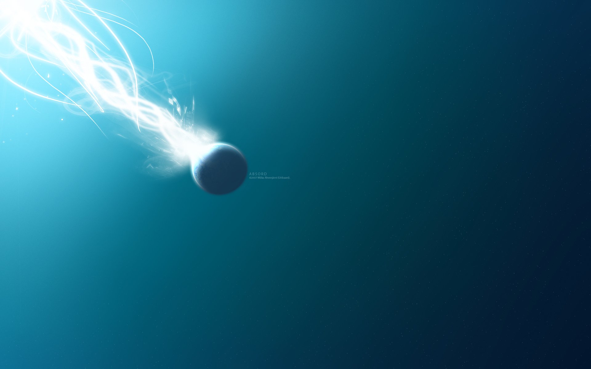 CGI abstract blue HD PC desktop wallpaper: glowing sphere trailing luminous fractal textures, shapes and light patterns across a deep blue background.
